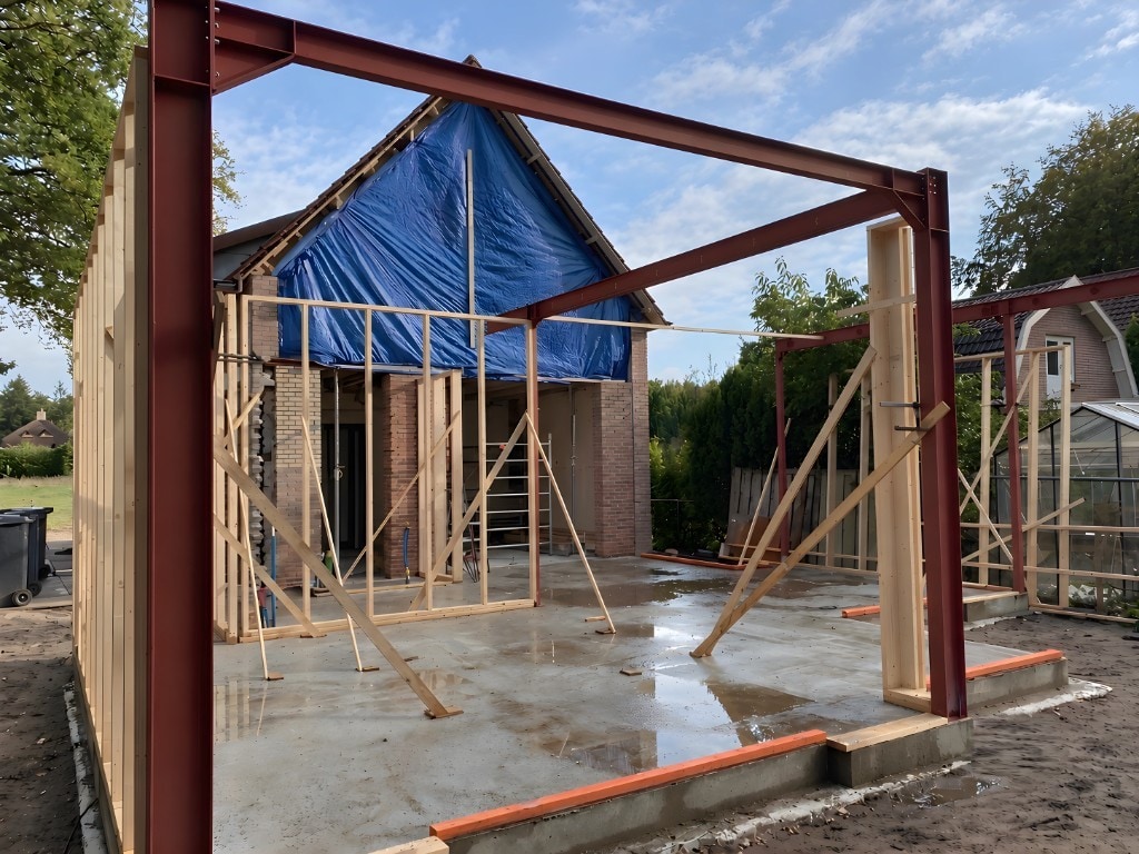 Staalconstructie tijdens de bouw